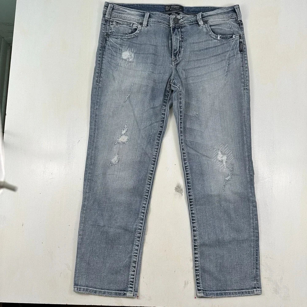 Silver Women's Sam Boyfriend Distressed Jeans 34x28 Blue Stretch Light‎ Wash